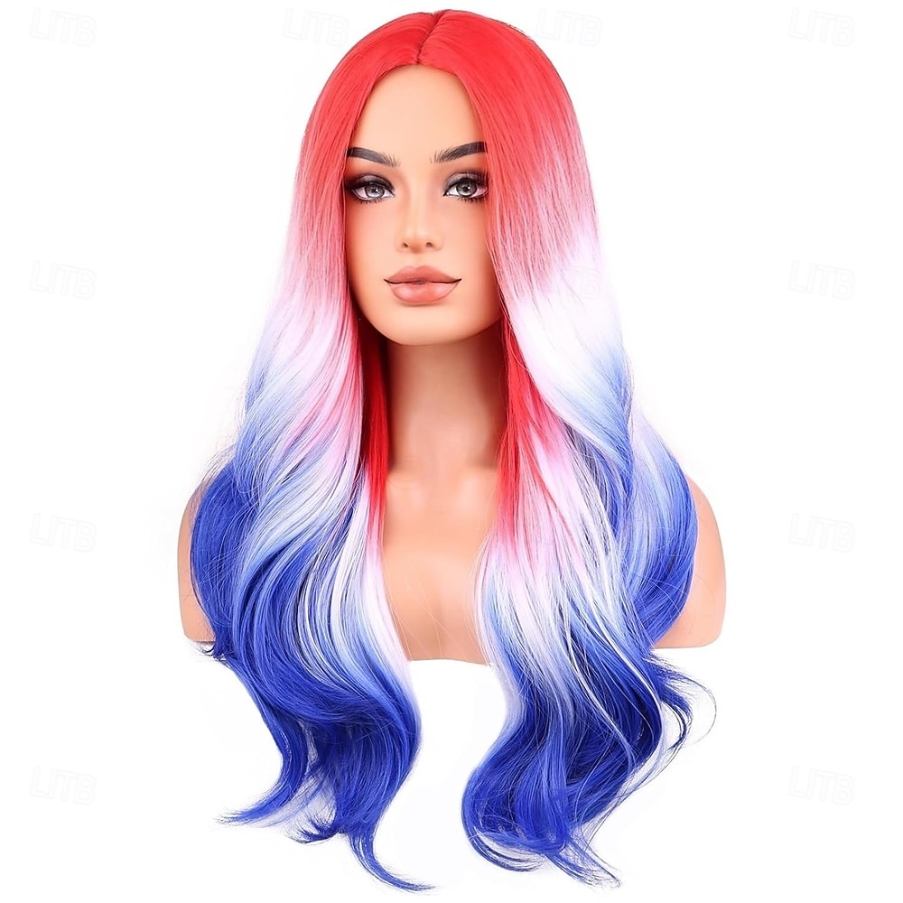 Parrucche Lunga Mossi del 4 Luglio per Donne e Bambine Riccioli Naturali Rossa Bianca e Blu Parrucca Sintetica Resistente al Calore per Festa di Cosplay Costume del 2026 a $28.99 –P4