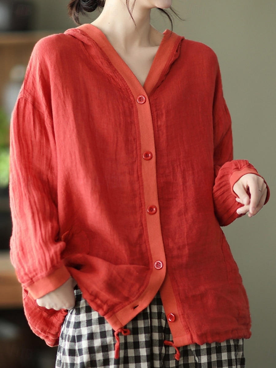 Femmes Chemises en coton et lin Boutons Couleur Unie ancien Basique Occasionnel manche longue À capuche Hauts Réguliers Quotidien Bleu Blanche Rouge Abricot Été Printemps Automne de 2026 ? $29.99 –P9