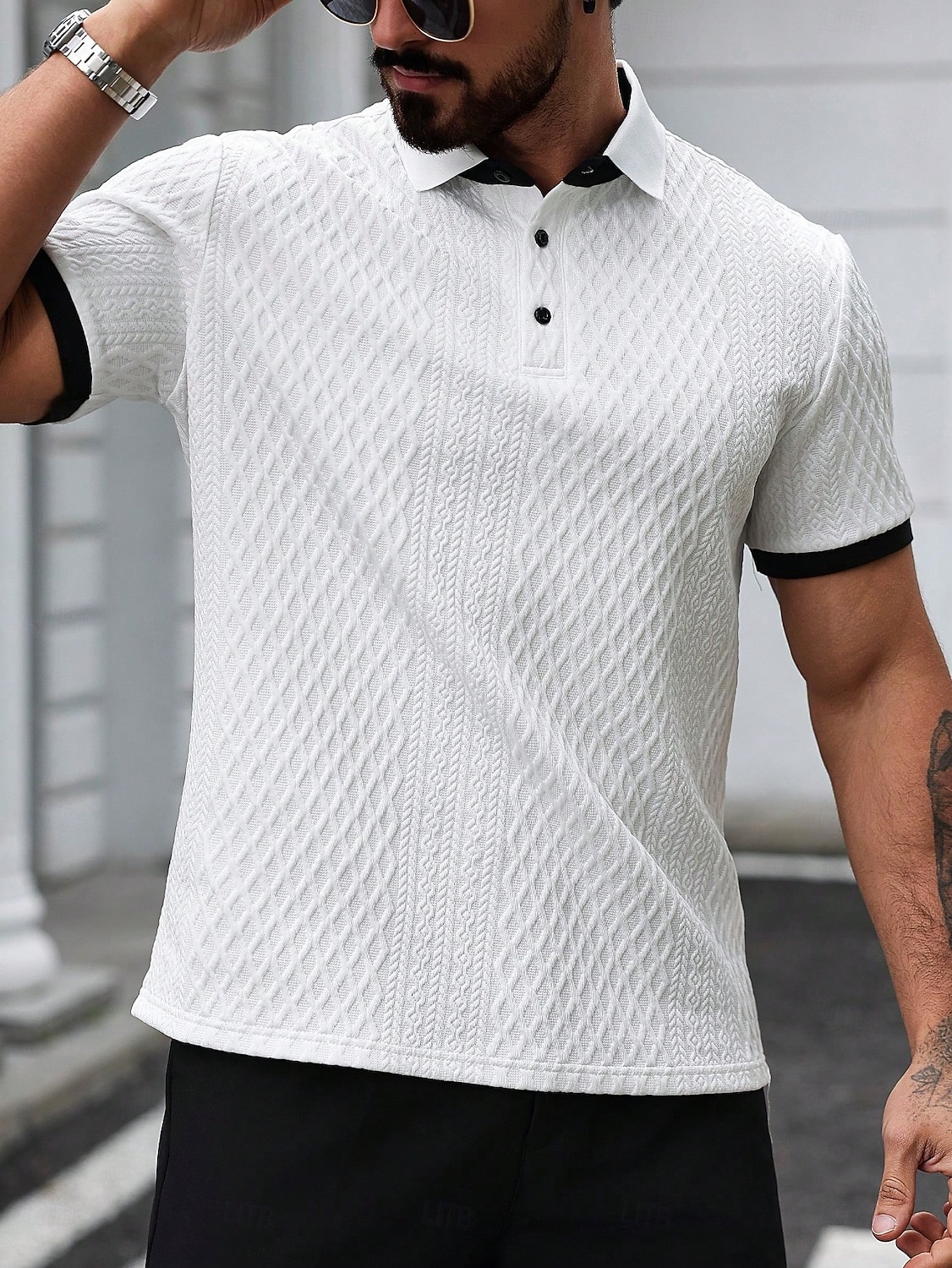Herre Poloskjorter Med Tekstur Avslappet Virksomhet Ribbet polokrage Klassisk Kortermet Mote Grunnleggende Helfarge Jacquardvevnad Knapper Sommer Vår Vår & Vinter Normal Hvit Beige Poloskjorter 2026 - $25.99 –P3