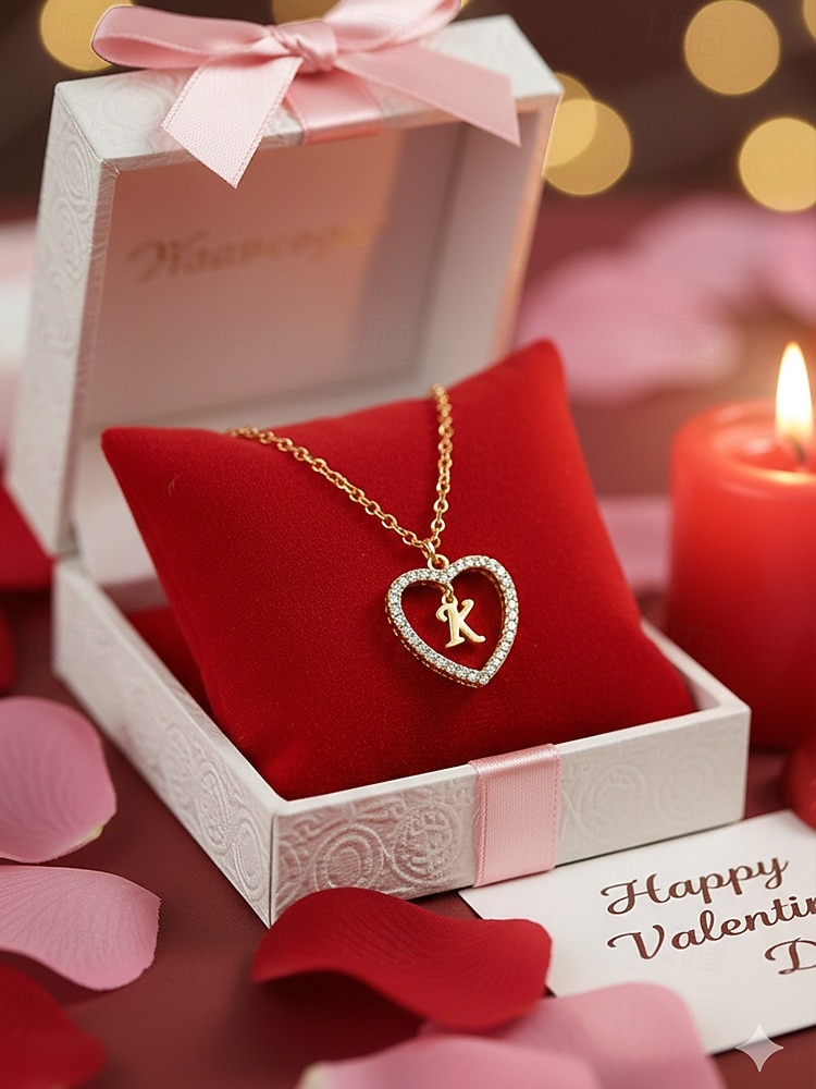 hjerteformet anhengskjede for kvinner – legeringsmateriale, 26 alfabetstiler, strass-aksenter – perfekt valentinsdagsgave 2026 - $7.99 –P4