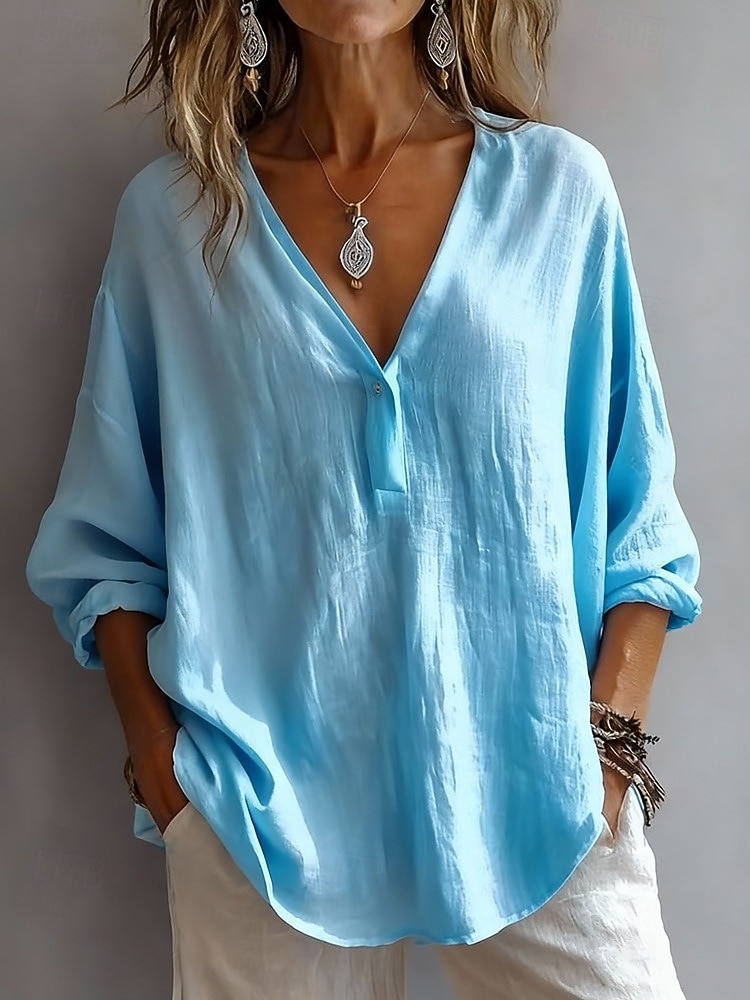 Blusa de mujer 100% algodón, color liso, estilo vintage, elegante, moderna, de manga larga, con cuello en V, para uso diario, festivo, salidas, blanca, rosa, azul cielo, verde, primavera y otoño. 2026 - $24.99 –P5