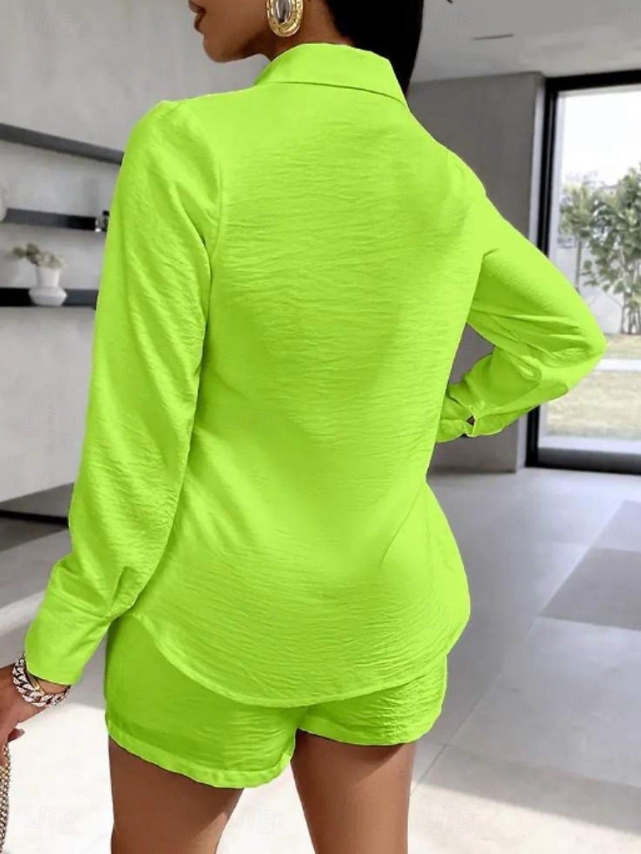 Жен. Комплекты шорт Болеро Топ Длинный рукав Рубашечный воротник Сплошной цвет Мода Уличный стиль Повседневные на открытом воздухе Офис Белый Зеленый Лето Стандартный 2026 - $39.99 –P4