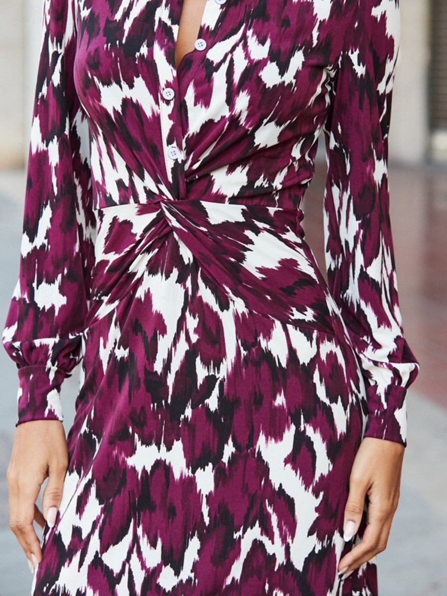 Per donna Abito Midi Abito Camicia Abito Floreale Abito Stampato Moda Moderno Quotidiano All'aperto Ferie Vestibilità comoda Floreale Manica Lunga Colletto a Camicia Vino Blu marino Viola Primavera del 2026 a $25.99 –P16