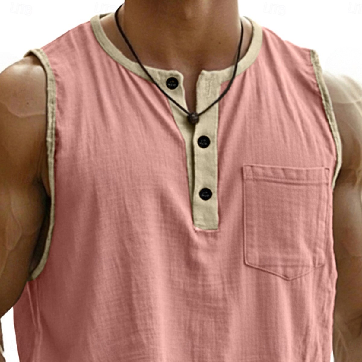 Męskie Koszula lniana Bezrękawnik Kamizelka Top Podkoszulki Bez rękawów Henley Lato Wiosna Równina Moda Designerskie Podstawowy Kieszeń Guziki Codzienny Urlop Ulica Czarny Rumiany róż Granatowy Top 2026 - $18.99 –P2