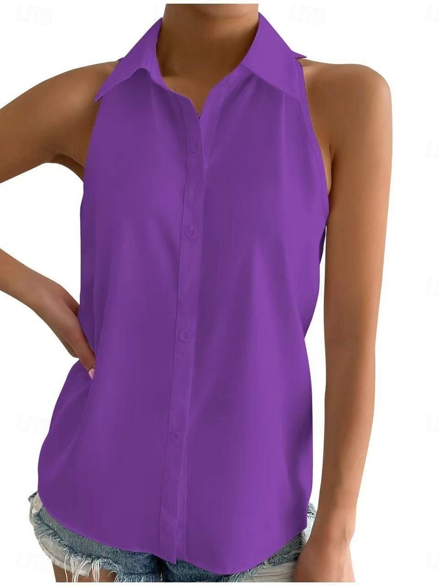 Dames Satijnen overhemd Kampshirt Met ruches Effen Kleur Elegant Stijlvol Casual Mouwloos Overhemdkraag Normale tops Dagelijks Zwart Wit Paars Oranje Beige Zomer Lente 2026 - $22.99 –P6