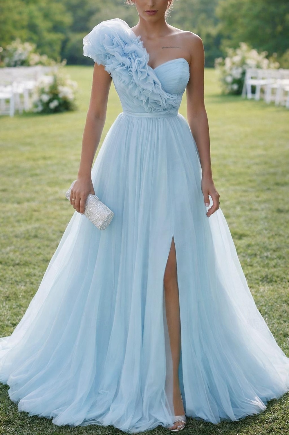 Ball Gown A-Line Floor Length Prom Dresses Elegant Sleeveless One Shoulder Prom Quinceanera Tulle Cowl Back with Embroidered Flower Ruffles Slit 2026 - $194.99 –P1