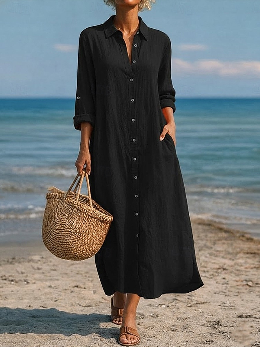 שמלת מקסי לנשים מכותנה ופשתן שמלת שינוי קזואלית יומית רחבה פשוטה עם שרוולים ארוכים צווארון כחול שחור לבן ירוק בהיר קיץ אביב סתיו 2026 - $41.99 –P7