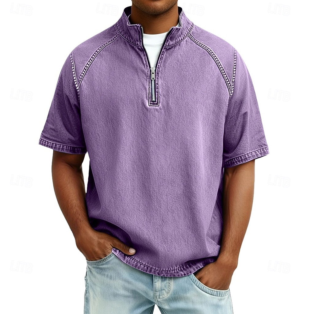 Heren Overhemd van 100% katoen met zure wassing T-shirt Korte mouw Opstaand Herfst winter Lente Herfst Effen Vintage Streetwear Casual Rits omhoog Kledingstuk geverfd Standaard Casual Huis Straat 2026 - $31.99 –P4
