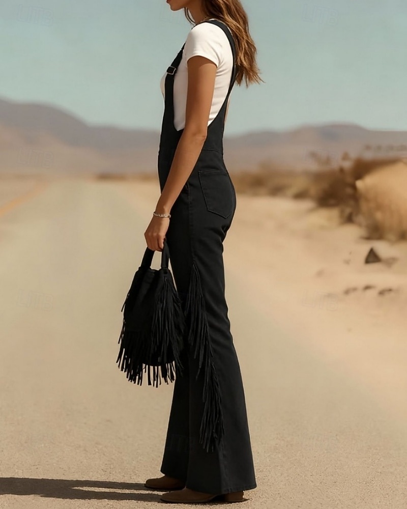 Жен. Брюки карго Широкие Биб Колготки Комбинезон Мода Уличный стиль На каждый день Полная длина Завышенная Полотняное плетение С кисточками Карман удобный Неэластичная 2026 - $61.99 –P9