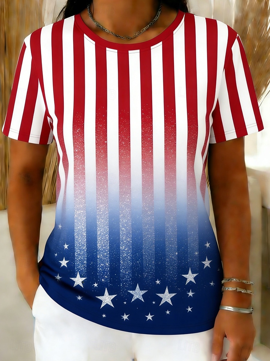 Giorno dell'Indipendenza Americana Per donna Maglietta Stampato Grafico A righe Elegante Classico Casual Manica Corta Girocollo Top Regolari Quotidiano Uscire Weekend Blu Estate Primavera del 2026 a $14.49 –P1