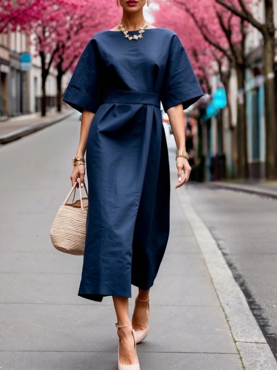 Dames Halflange jurk Werk Jurk Wikkeljurk Elegant Modieus Modern Buiten Vakantie Uitgaan Normale pasvorm Ruim Passend Effen Korte mouw Strakke ronde hals Boothals Zwart Wit Khaki Donkerblauw Zomer 2026 - $32.99 –P4
