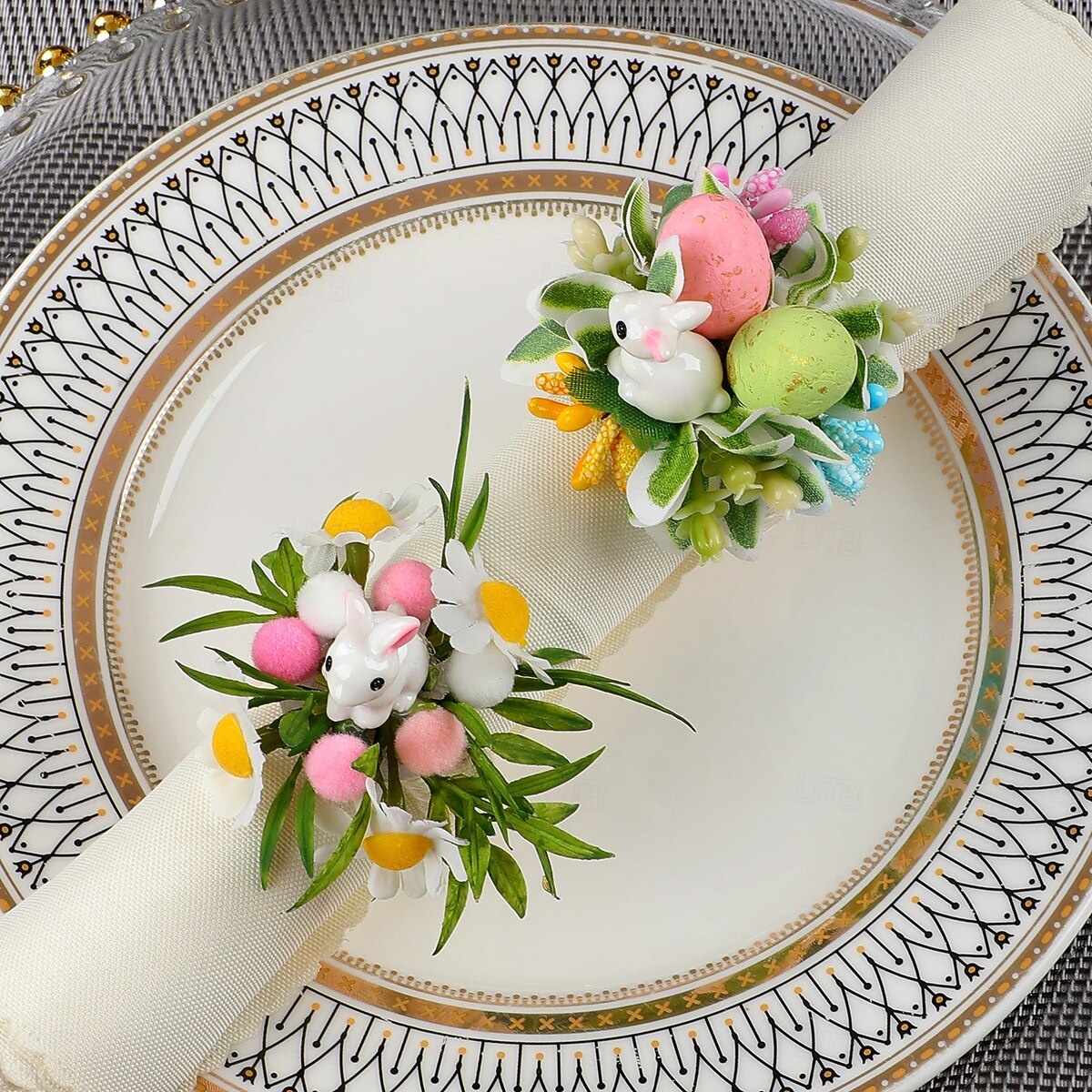 6 st servettringar med påskhare, servetthållare med vårblommor och kanin, spräckliga ägg och prästkragar, bordsdekorationer i lantlig stil för påskmiddag, gröna servettringar 2026 - $19.99 –P7