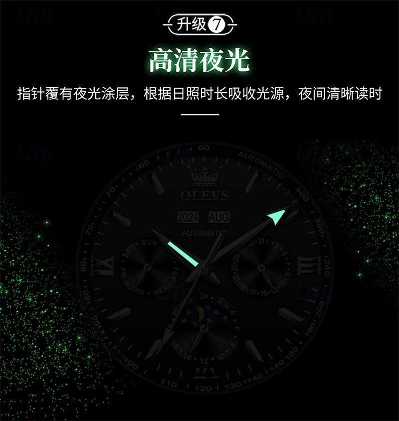 Montre homme Olevs neuve, élégante et fonctionnelle, avec affichage des phases de la lune, du calendrier, de l'heure sur 24 heures et du jour de la semaine. Montre mécanique automatique multifonctions de 2026 ? $121.99 –P10