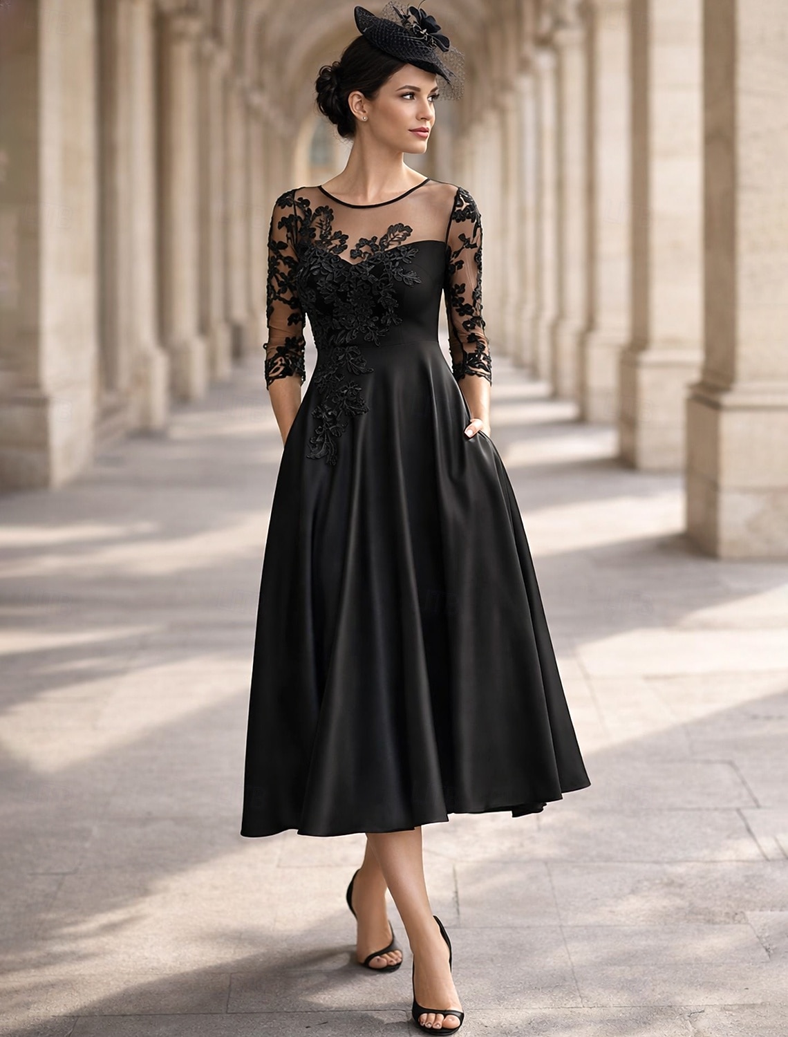 blue dress for baby girl Classic 3/4 Sleeve Modest Knee-Length Shift Dress Black / Small main image 0