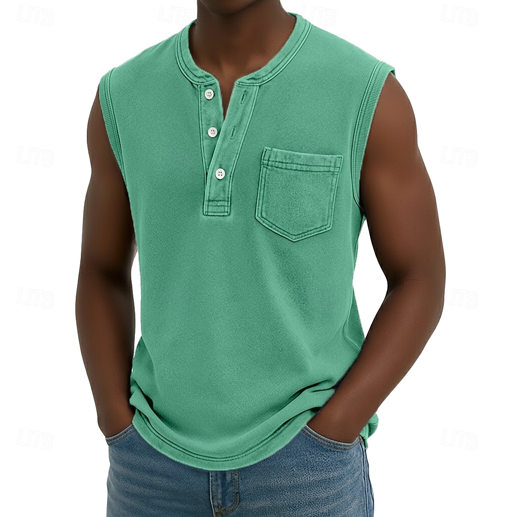 Débardeur pour homme SoftFade™ sans manches chemise sans manches Henley été printemps uni basique poche style vintage teinture en pièce vacances street décontracté quotidien noir haut Tee pour hommes de 2026 ? $23.99 –P11