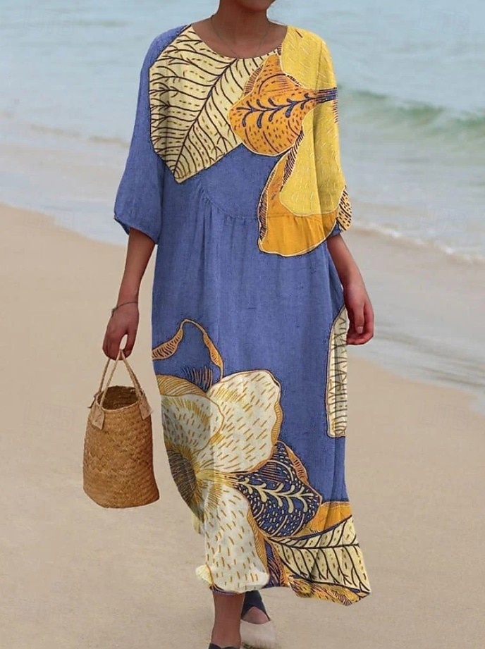 Γυναικείο Μακρύ Φόρεμα Λινάρι Τόσο Αναπνεύσιμη Ελαφριά Σαλοπέτα Άμεσου Στυλ Καλοκαιρινό Φόρεμα Διακοπών Καθημερινό Μποχό Παραλία Διακοπές 3/4 Μανίκι Λαιμός Φαρέτρα 2026 - $41.99 –P2