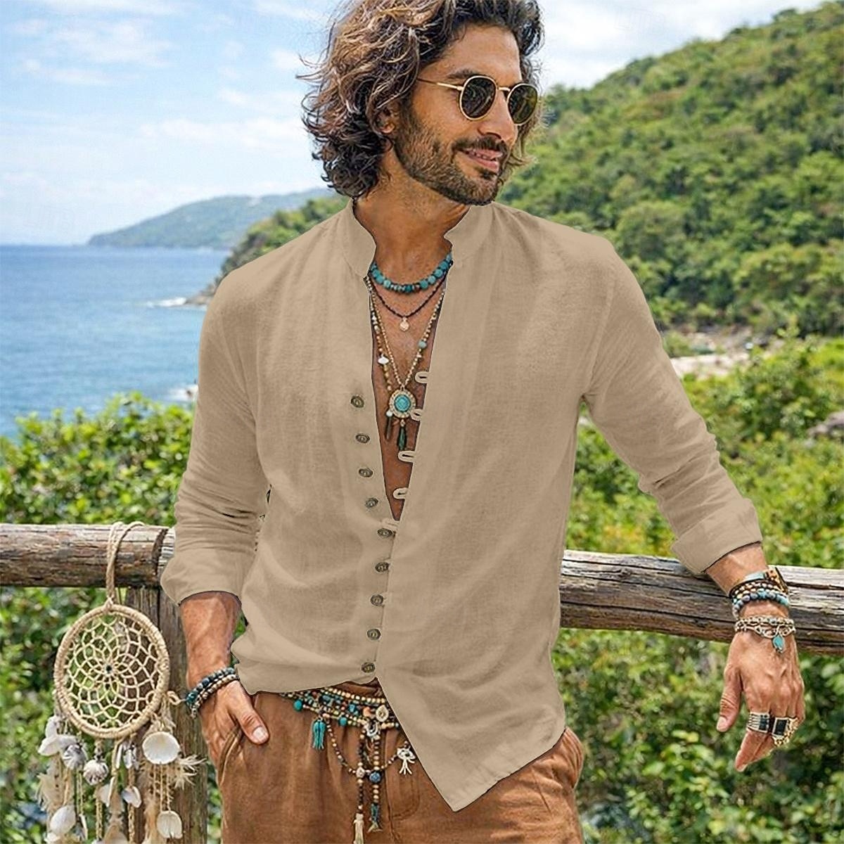 herrskjorta linneskjorta sommarskjorta vardagskjorta bohemskjorta enfärgad vardaglig blå svart vit rosa långärmad mandarinkrage sommar vår &höstkläder 2026 - $25.99 –P4