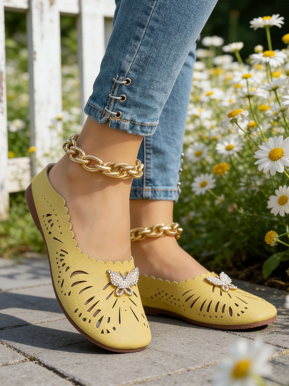 Women's Yellow Wide-Fit Mule Flats with Butterfly Rhinestone Detail, Stylish and Comfortable Slip-On Shoes for Daily Wear, Spring/Summer Outings, Casual Walks and Outdoor Activities 2026 - $18.99 –P4