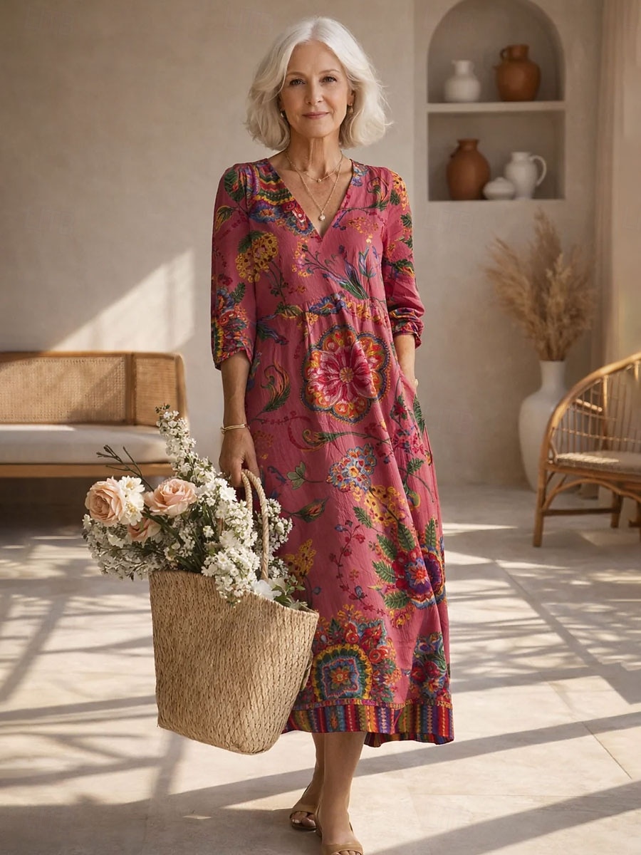 Abito Midi da Donna in Lino Leggero e Traspirante Vestito da Sole Abito Shift Casual Festa Vacanza Vestibilità Regolare Grafica Paisley Maniche Lunghe Collo a V Blu Rosa Rosso Verde Estate Primavera del 2026 a $41.99 –P2