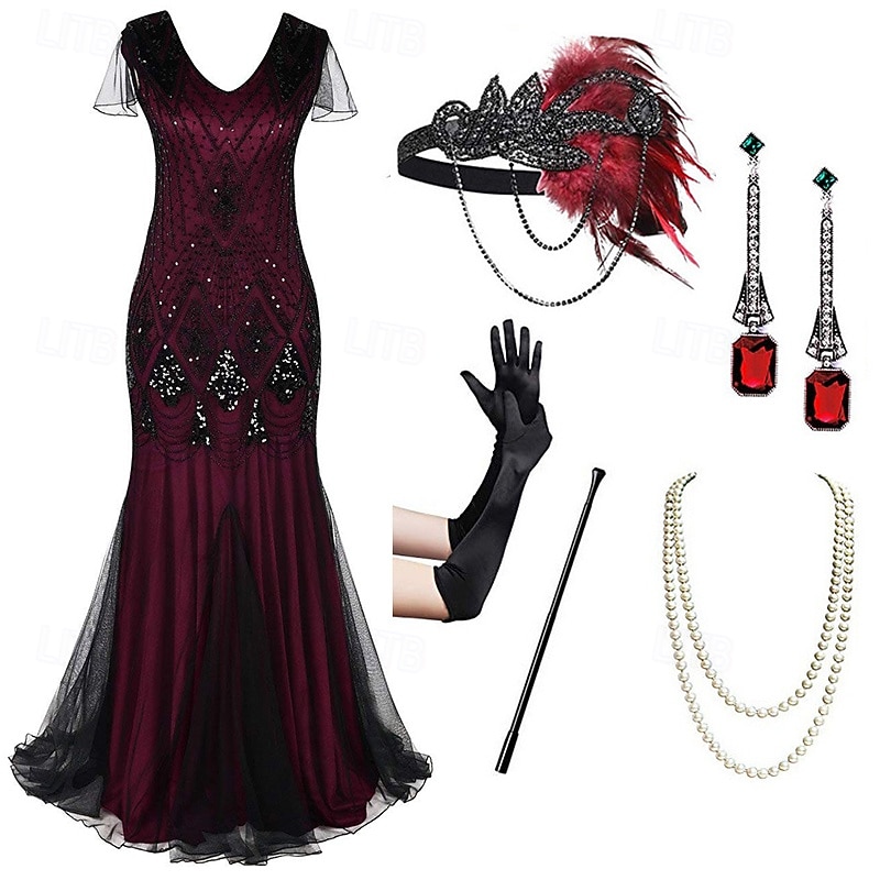 Ретро Бурные 20-е 1920-е годы В пол Платья Инвентарь Коктейльные платья  Короткие рукава Великий Гэтсби Свадебный гость Пайетки V-образный вырез Маскарадный костюм Жен. 2026 - $79.99 –P8