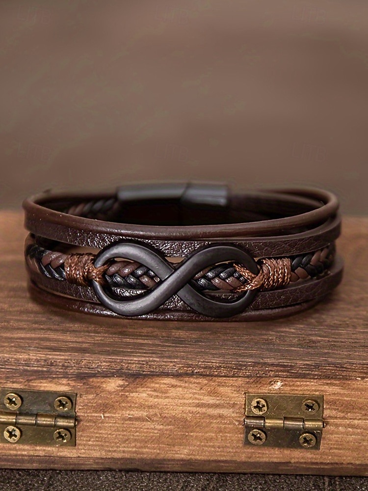 Мужской браслет в виде знака бесконечности из искусственной кожи и сплава, многослойная плетеная конструкция, винтажный стиль, различные цветовые варианты, идеально подходит для отдыха и повседневной носки. 2026 - $7.99 –P11