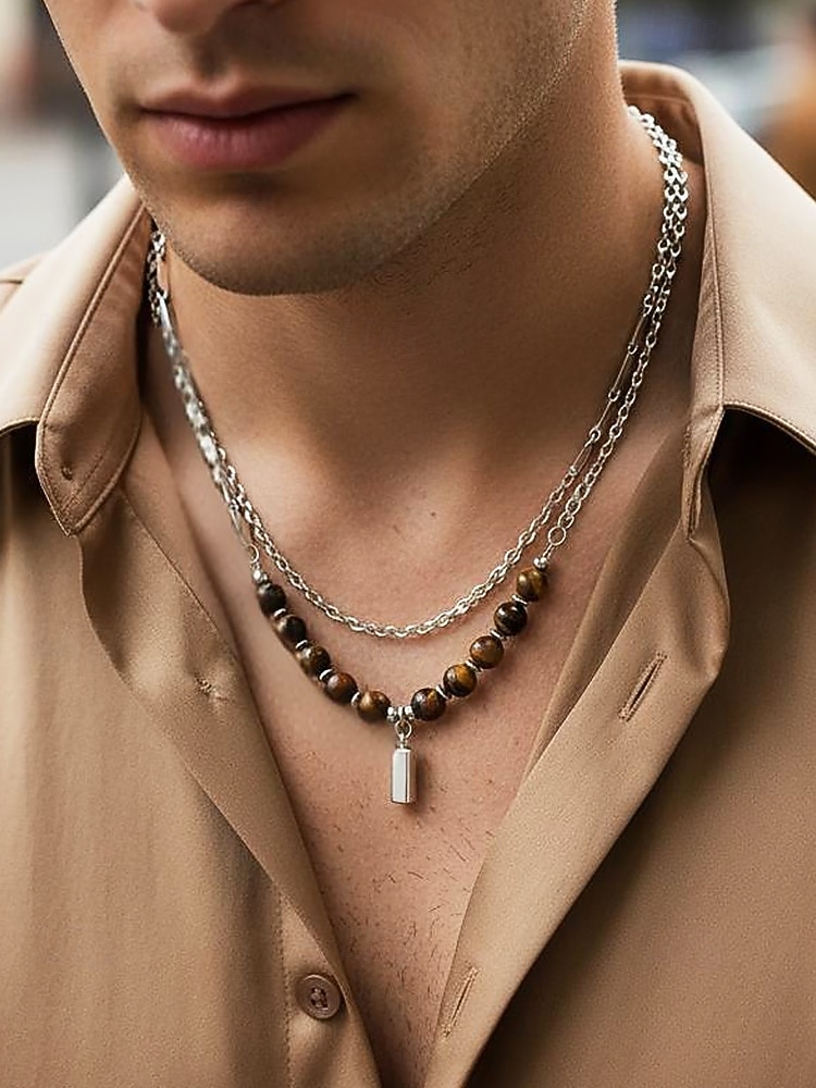 Мужское ожерелье из сплава и бусин тигрового глаза, двухслойная цепочка с подвеской, повседневный стиль бохо, прочное и стильное, идеально подходит для отдыха, курортной одежды и повседневной носки. 2026 - $11.99 –P1