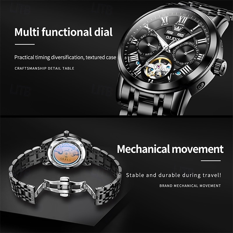 Новые мужские деловые часы Olevs с люминесцентным дисплеем, вечным календарем, календарем и отображением недели. Полностью механические часы с полым ротором для повседневного использования, 2026 - $97.99 –P16
