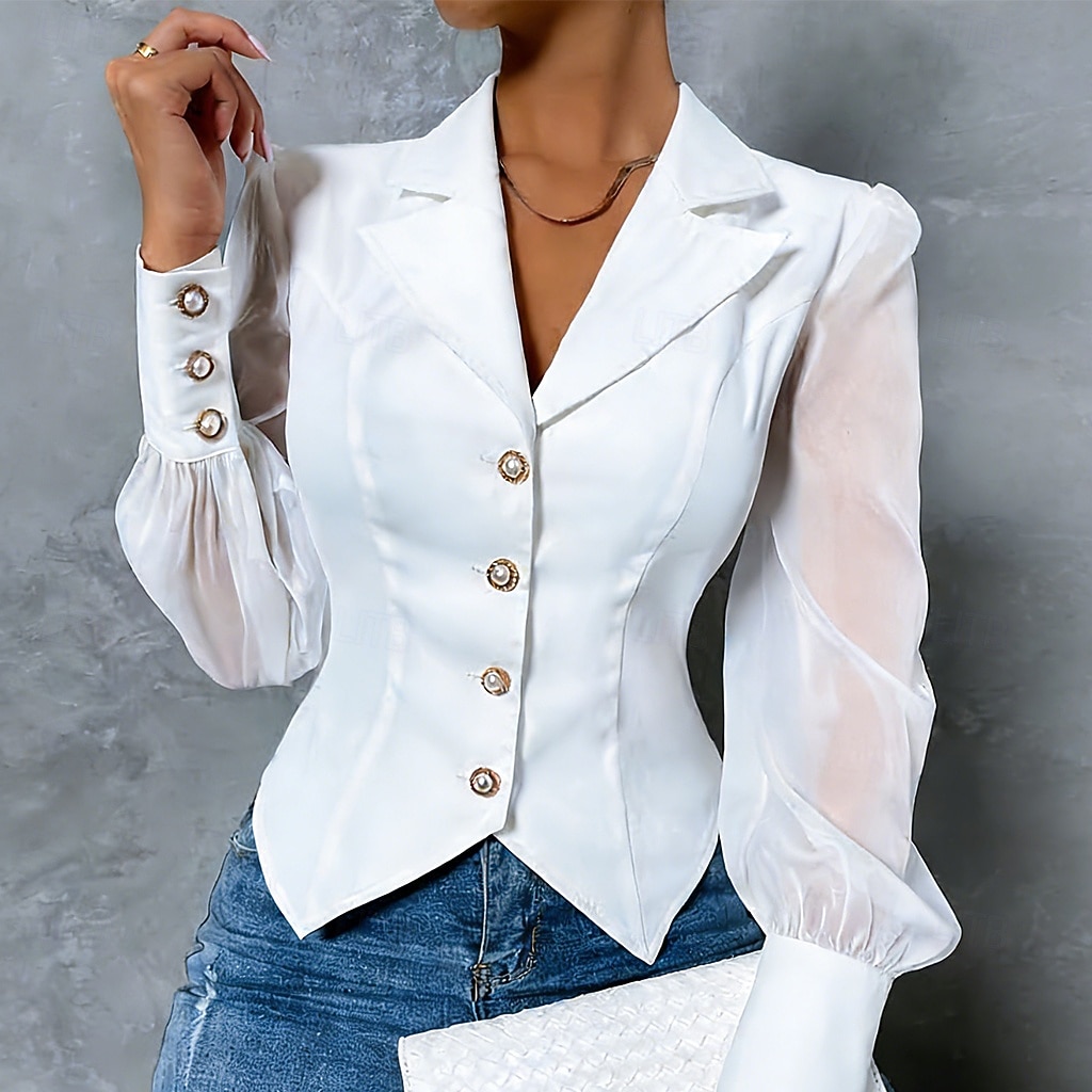 Mulheres Saia camisa de botão Blusa Túnica Com Transparência Botões Côr Sólida Tecido Elegante Moda Formal Manga Longa Aberto para a Lateral Tops regulares Diário Trabalho Para Noite Preto Branco de 2026 por $25.99 –P1