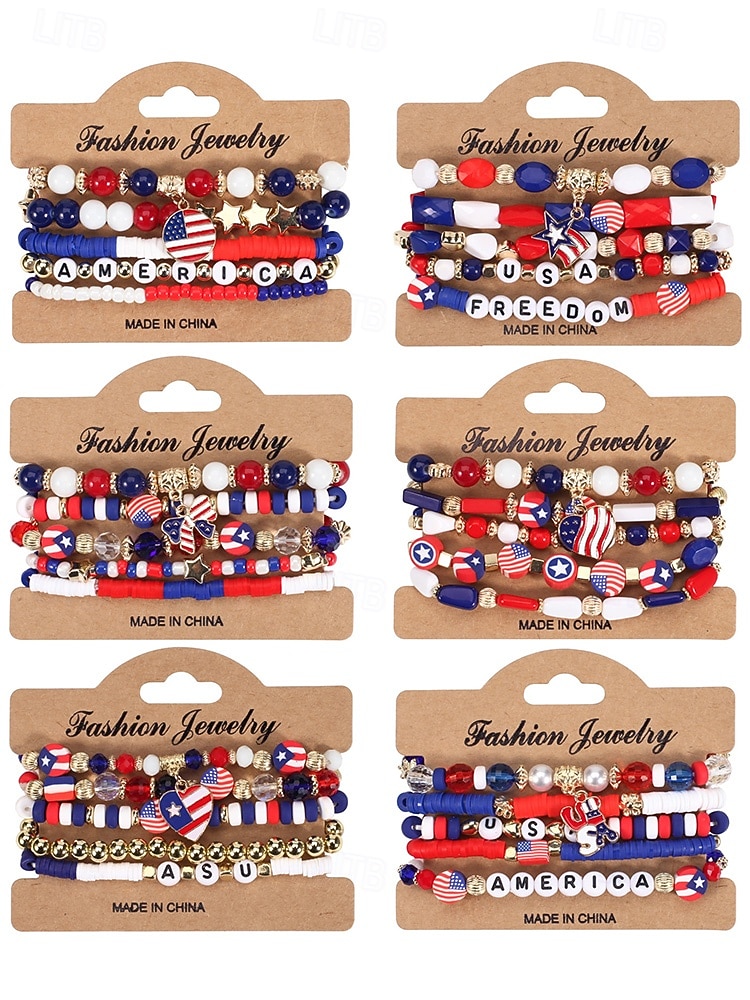Юбилейный комплект многослойных браслетов для женщин к 250-летию США - сплавной материал с различными подвесками идеально подходит для Дня независимости и празднования в США 2026 - $11.99 –P5