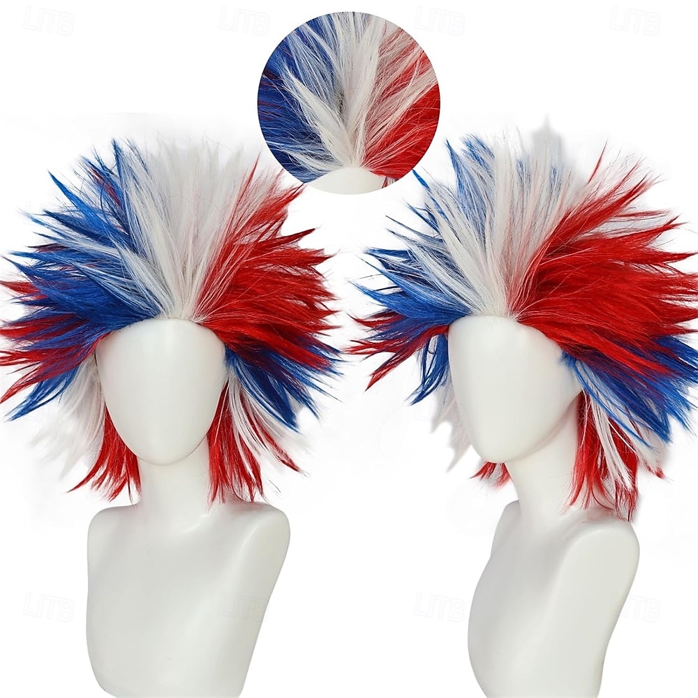 Rød hvit blå gal parykk unik spiky og morsomme parykker rød gal hår patriotisk parykk blå funky fluffy parykker pelucas para payasos kostyme 4. juli feiringer temafest 2026 - $28.99 –P3