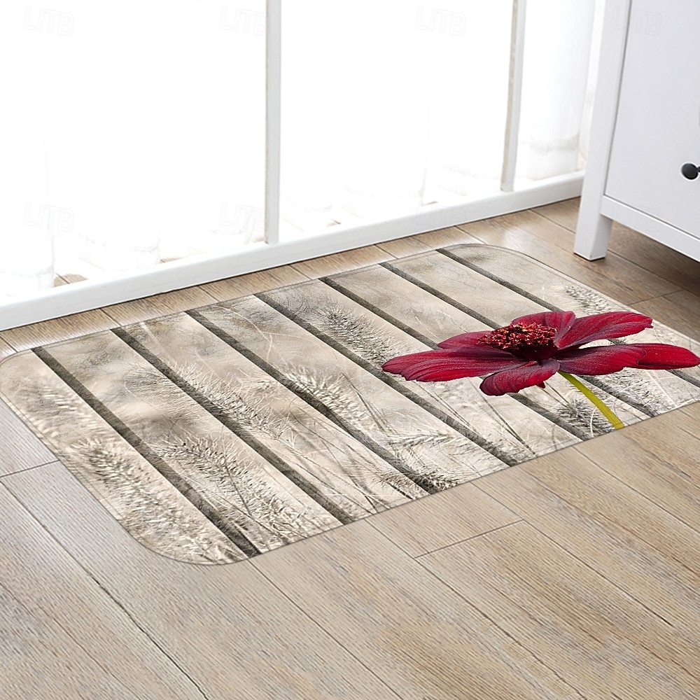 Běžecký koberec do předsíně, rostlina, květina, dřevěná deska, vzor, flanelová tkanina, potištěná podlahová rohožka, protiskluzová měkká rohožka do dveří, vchod, koupelna, domácí podlahová dekorace, 2026 - $17.99 –P5