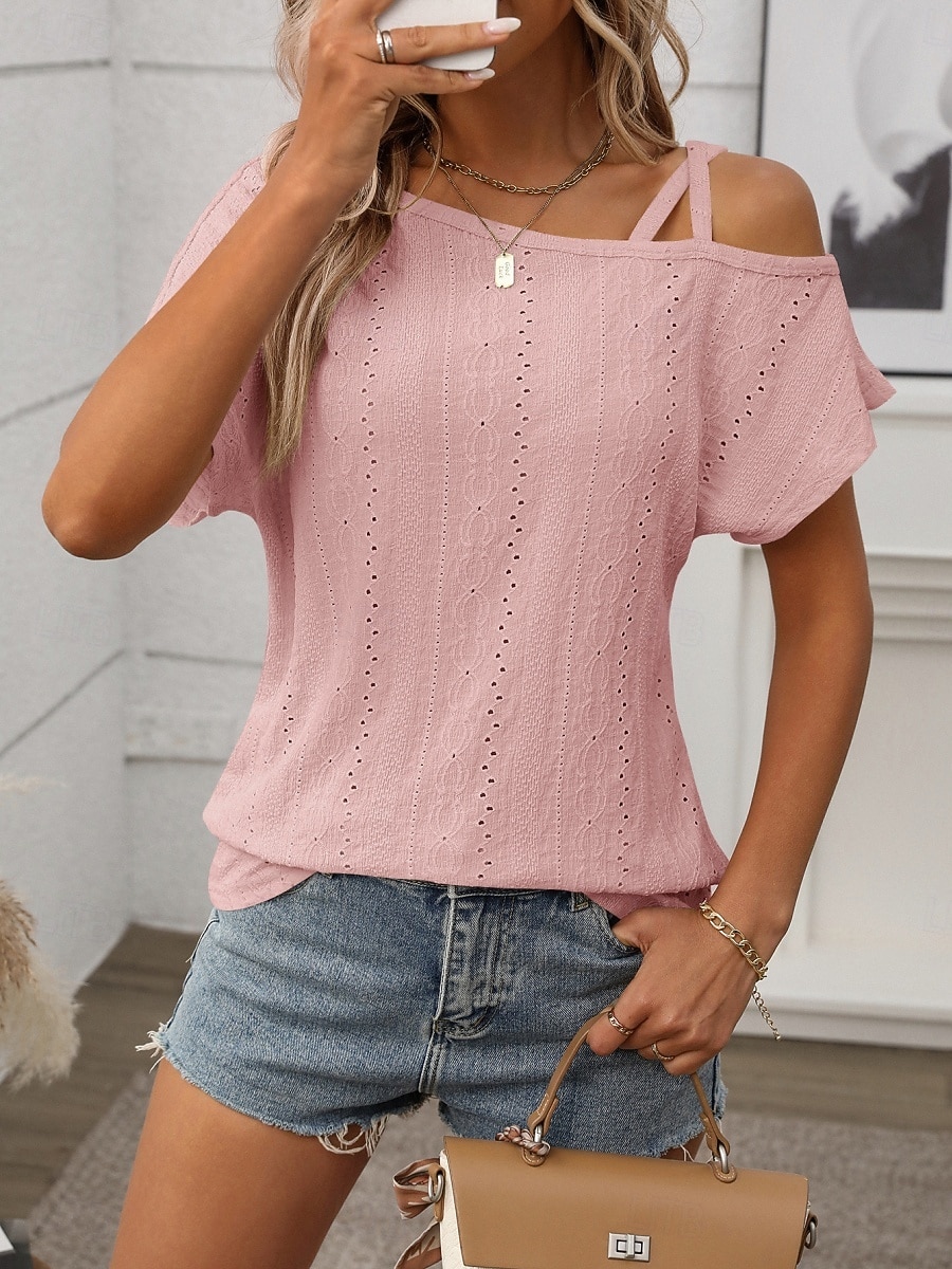 Per donna Maglietta Semplice Moda Elegante Classico Manica Corta Senza Spalle Top Regolari Quotidiano Uscire Weekend Blu Nero Bianco Rosa Albicocca Estate Primavera del 2026 a $22.99 –P15