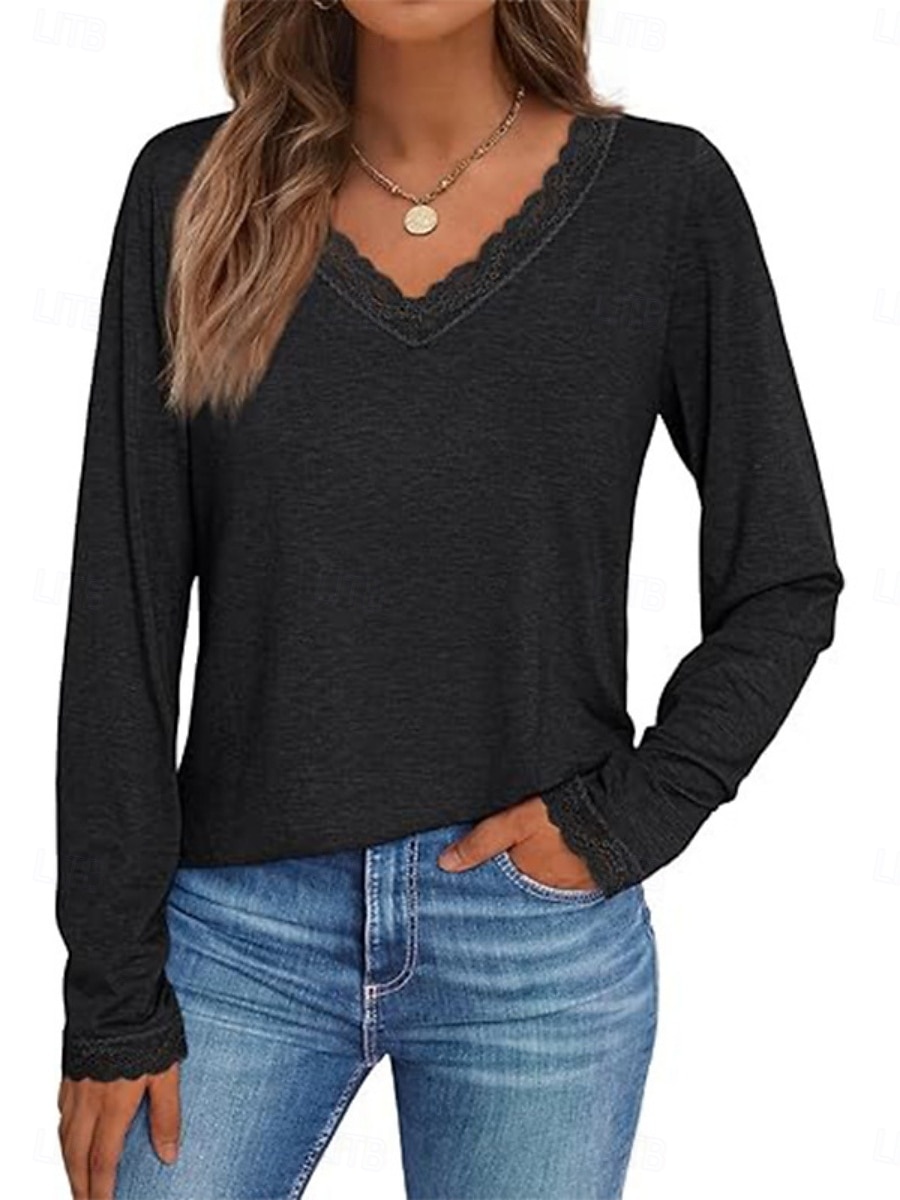 Women's T-Shirt  Solid Color Stylish Casual Long Sleeve V Neck Regular Tops Daily Lace Patchwork Blue Black White Green Dark Gray Spring Fall Winter 2026 - $24.99 –P4