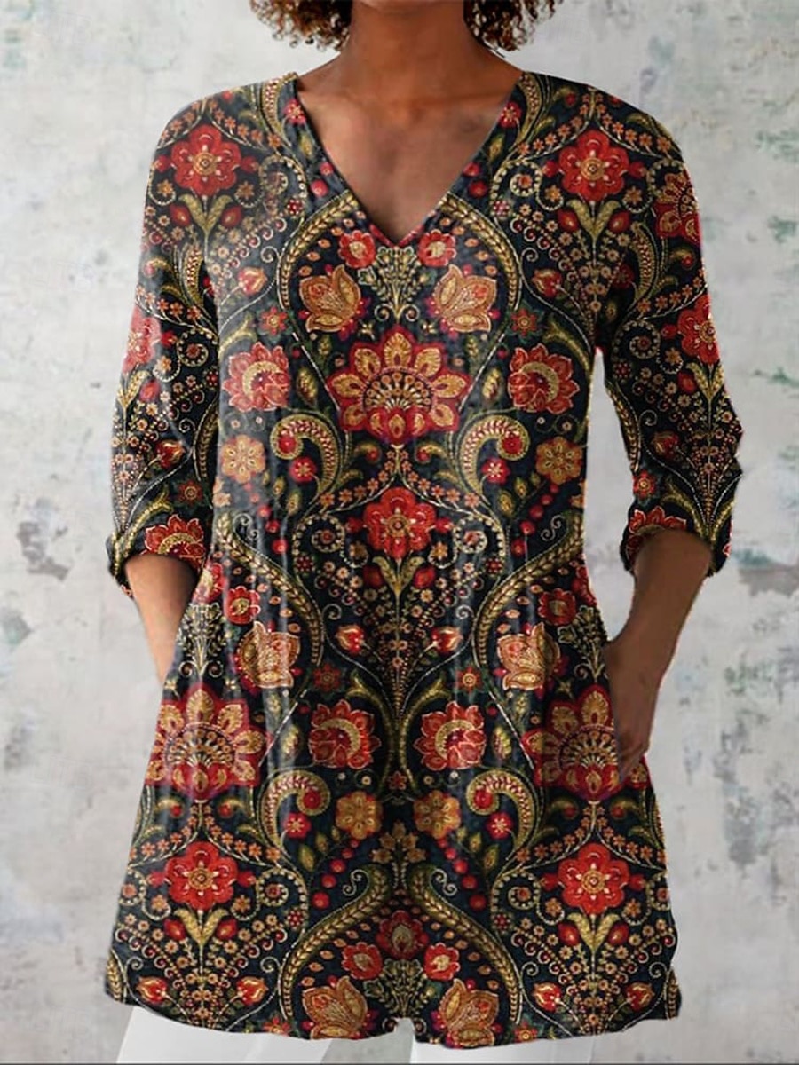 Dame Bluse Rynket Blomstret Grafisk Elegant Stilfull Fritid Langermet Crew-hals Lange topper Daglig Arbeid Rosa Rød Grønn Sommer Vår 2026 - $31.99 –P3