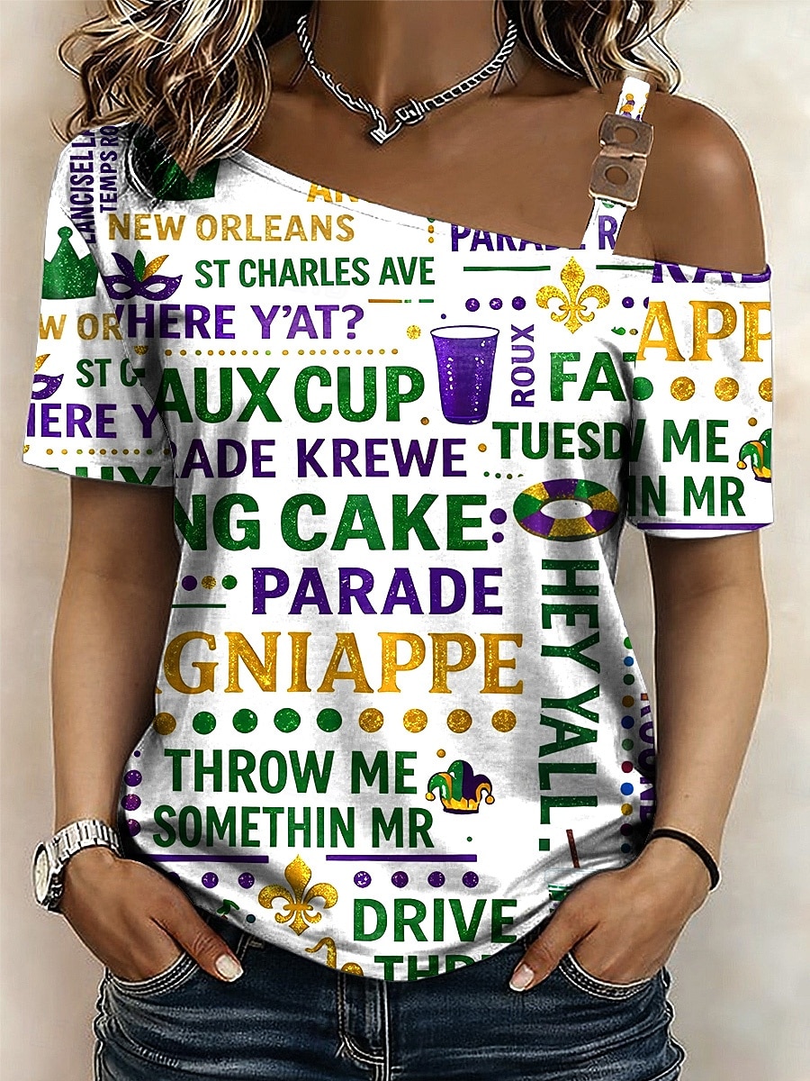 Mardi Gras Dámské Tričko Grafika Tropický vzhled Havajské stylové Krátký rukáv Asymetrický krk Crop Tops Svatba na pláži Denní Sport Bílá / černá Bílá Žlutá Světle zelená Fialová Léto Jaro 2026 - $21.99 –P5