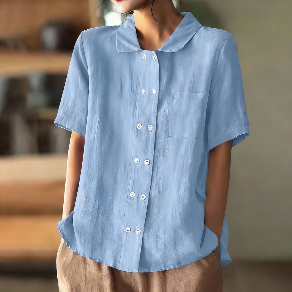 Per donna Camicie effetto lino Camicia di lino Camicia Estiva Camicia con Bottoni Bottoni Tinta unica Semplice Quotidiano Elegante Casual Manica Corta Collo ripiegato Top Regolari Ferie Uscire del 2026 a $27.99 –P4