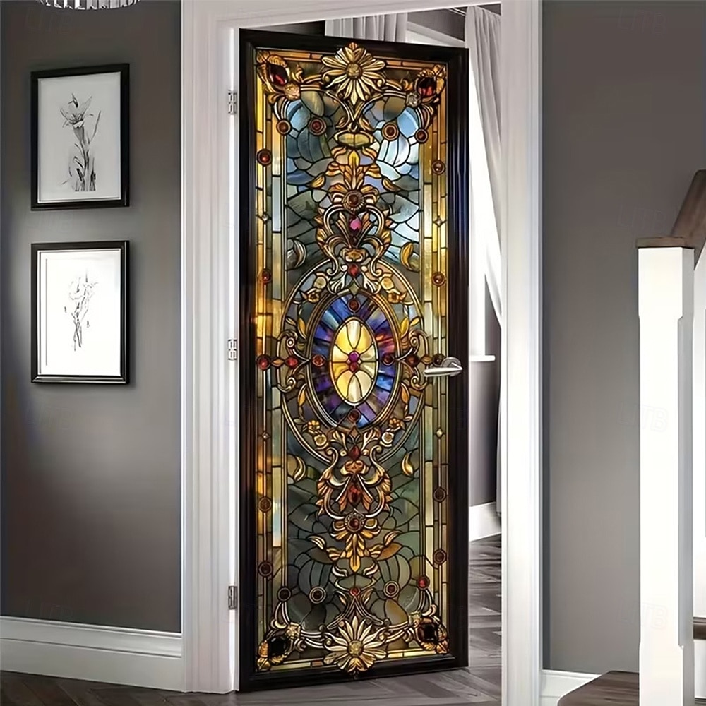 Cortina de puerta estilo vitral vintage con patrón barroco ornamentado, mampara de privacidad colgante, tapiz decorativo para puerta de casa y oficina. 2026 - $17.99 –P2