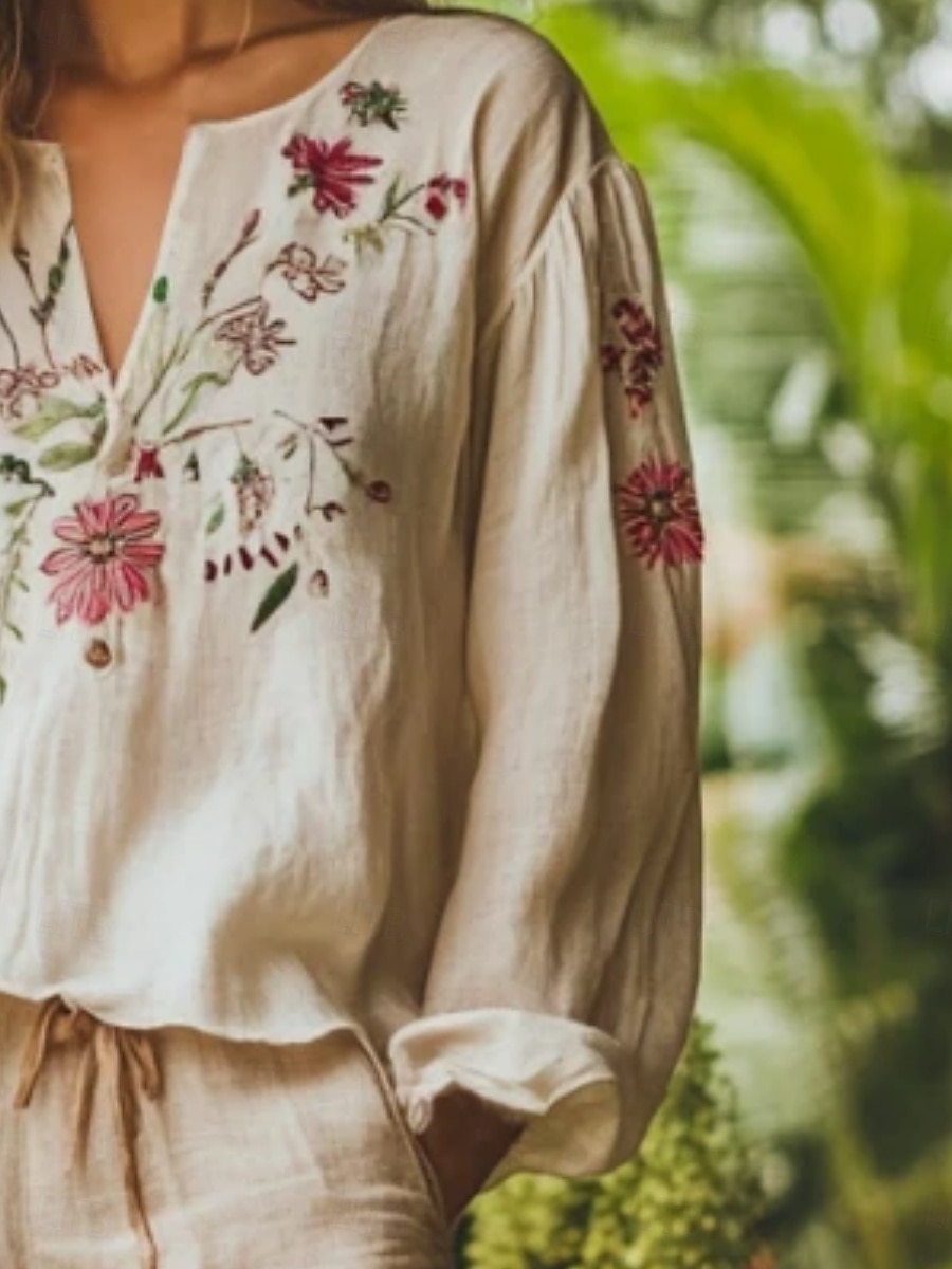 Mulheres Camisa Social camisa Boho Blusa Imprimir Floral Gráfico Vintage Diário à moda Manga Longa Decote V Tops regulares Diário Feriado Bege Verão Primavera de 2026 por $32.99 –P3