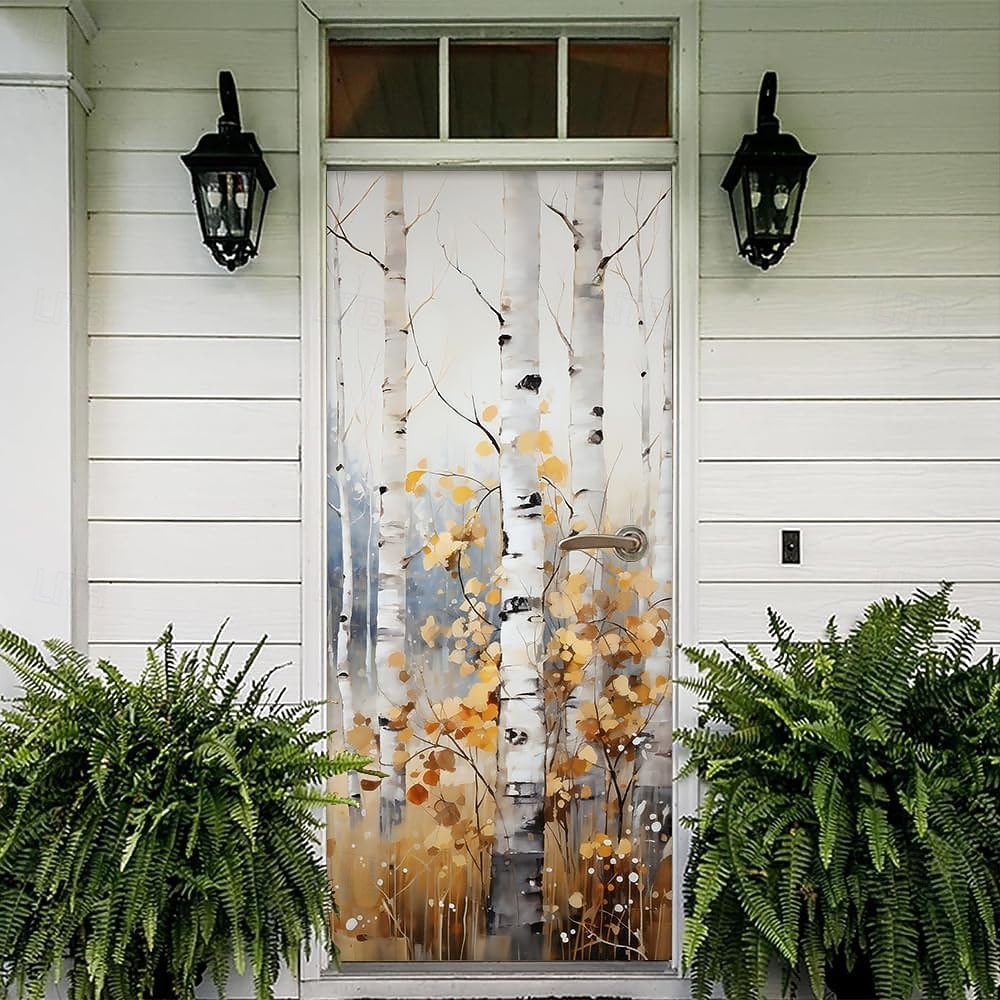 Banner de bosque de abedul nórdico, paisaje natural, colgante de pared, árboles blancos, hojas doradas, arte para puerta, entrada, dormitorio, decoración del hogar 2026 - $17.99 –P3