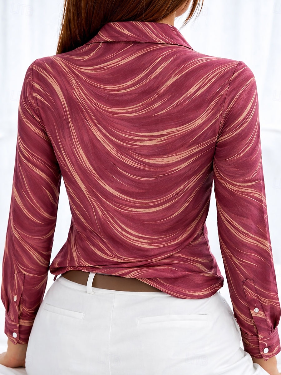 Dam Skjorta Blus Knappar Mönster Grafisk Geometrisk Randig Vintage Stylish Ledigt Långärmad Tröjkrage Vanliga toppar Dagligen Svart Rubinrött Purpur Grön Kaki Vår Höst Vinter 2026 - $32.99 –P4