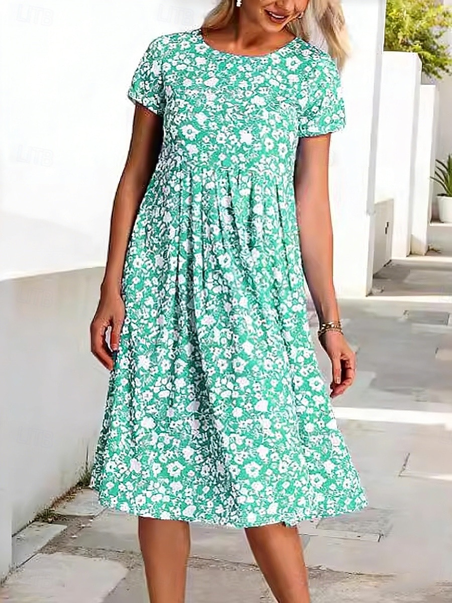 Per donna Abito Midi Abito Floreale Abito Stampato Moda Moderno All'aperto Vacanza Weekend Vestibilità comoda Floreale Manica Corta Girocollo Blu Rosso Viola Verde Estate Primavera del 2026 a $22.99 –P1