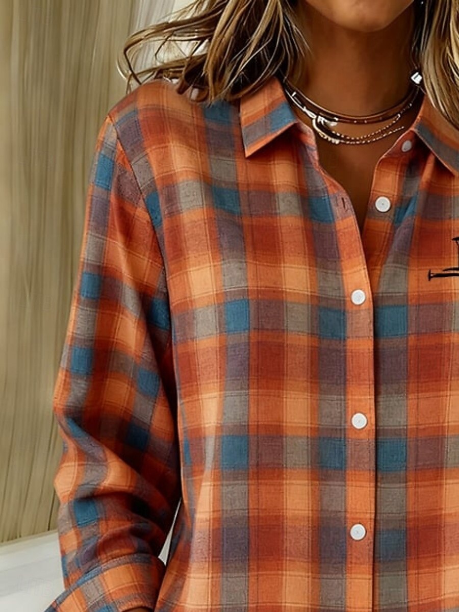 Mujer Camisa Camisa con botones Camisa casual Blusa Botones Plaid Vintage Elegante Clásico Manga Larga Cuello Camisero Tops regulares Diario Festivos Noche Naranja Verano Primavera 2026 - $35.99 –P2