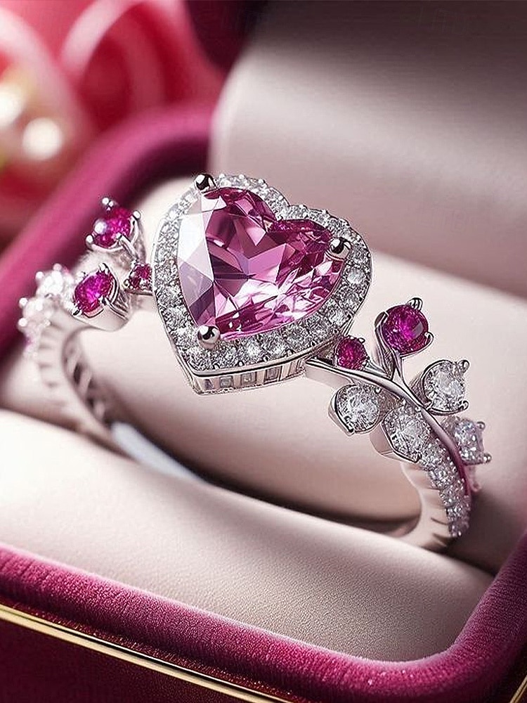 Inel de damă în formă de inimă cu piatră prețioasă roz – material din aliaj, pietre roz și transparente, design elegant – perfect pentru nunți și Ziua Îndrăgostiților 2026 - $7.99 –P1