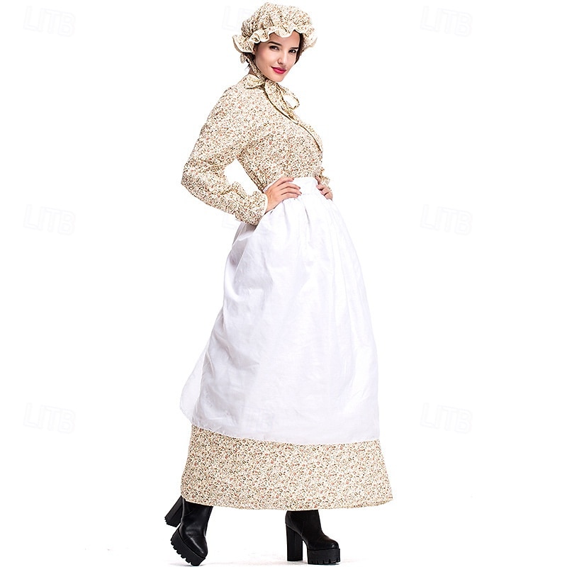 250º Aniversario de EE. UU. Siglo 19 década de 1800 Vestido de la pradera Conjunto de gorro y delantal Larga Chica pionera Colonial Pionero Guerra Revolucionaria Floral Disfraz Mujer Víspera de Todos 2026 - $44.99 –P2