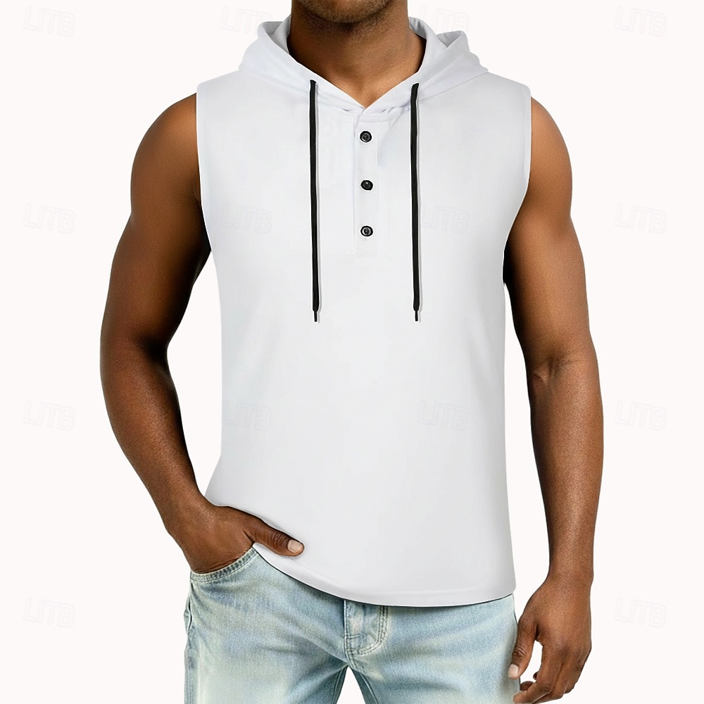 2026年 男性 ベストトップ ヘンリーパーカー ティートップ ノースリーブ フード付き 夏 純色 平織り ファッション デザイナー ベーシック ボタン フード付き カジュアル バケーション ストリート ブルー ブラック ホワイト メンズトップTシャツ  コレクション – $16.49 –P3