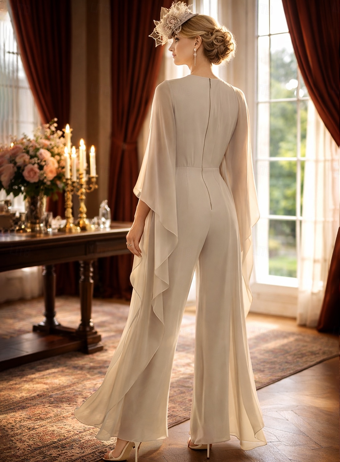 Jumpsuit Pantsuit Floor Length Mother of the Bride Dress 3/4 Length Sleeve Crew Neck Elegant Simple Minimalist Formal Wedding Guest Chiffon with Ruched 2026 - $183.99 –P2
