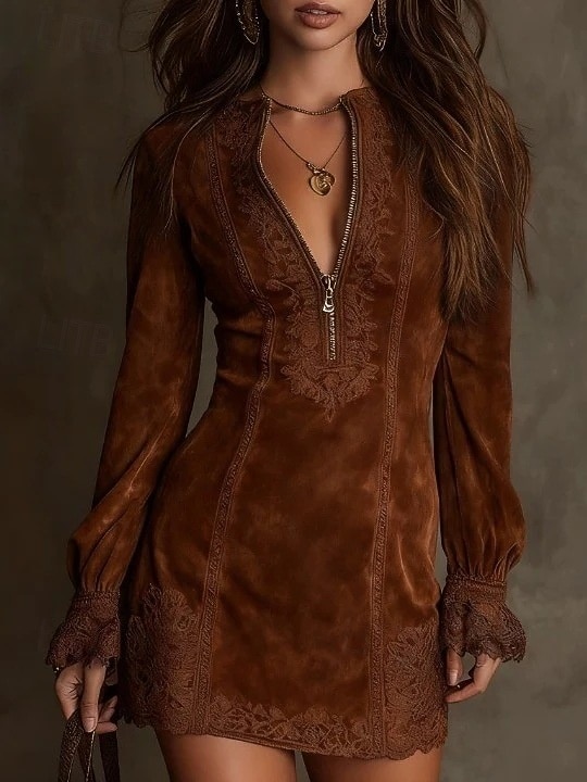 Mujer Mini vestido Vestido informal Vestido Cóctel Vestido ajustado Vestido de gamuza sintética Elegante Moda Moderno Exterior Vacaciones Noche Ajuste regular Plano Manga Larga Cuello Alto Marrón 2026 - $41.99 –P3