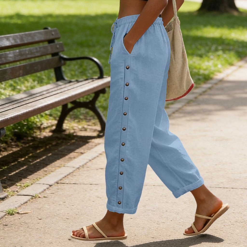 2026年 女性用 コットン ズボン サマーパンツ ビーチパンツ 旅行度假风 ファッション カジュアル 普段着 足首丈 ハイウエスト 平織り 弾性ウエスト サイドボタン ライトウェイト 快適 高通気性 伸縮性なし ストリートウェア ビーチ 祝日 ブルー ブラック ホワイト カーキ色 夏 春 秋 レギュラー  コレクション – $37.99 –P5