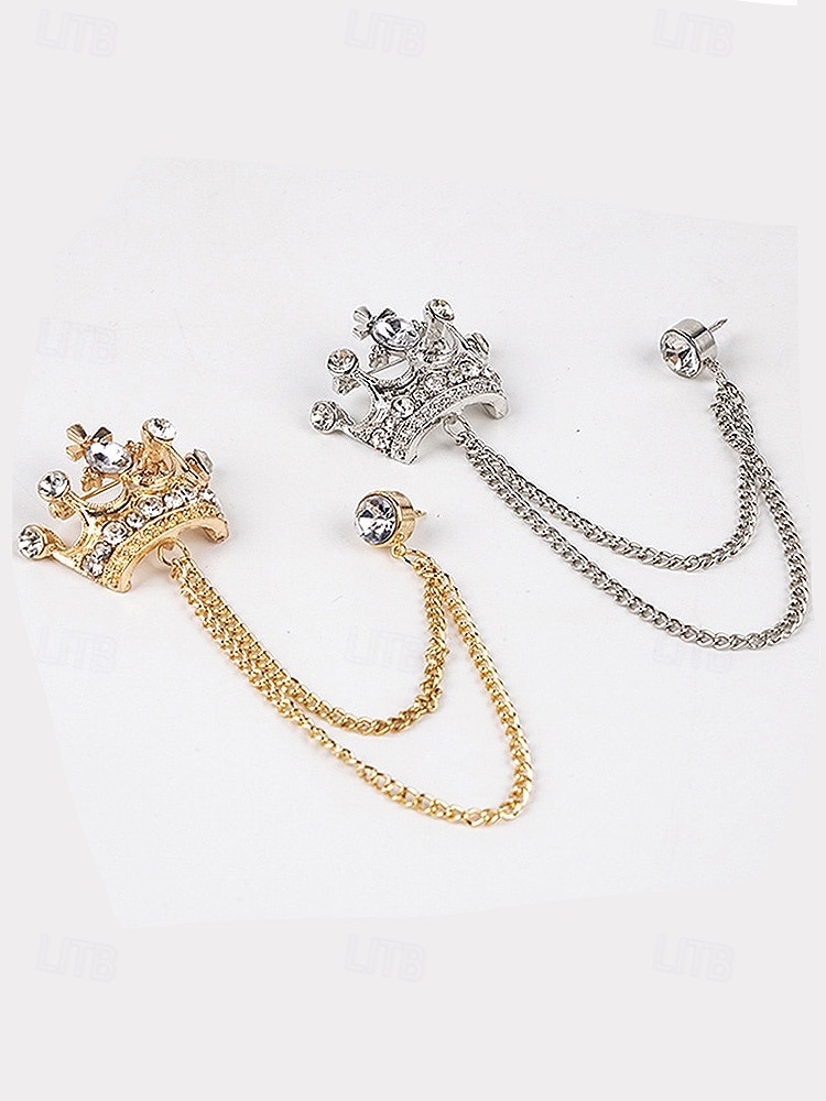 Pánská klopová brože s korunkou a řetízkem, materiál slitina, dostupné ve zlaté a stříbrné barvě, ideální pro svatby a večírky 2026 - $7.99 –P4