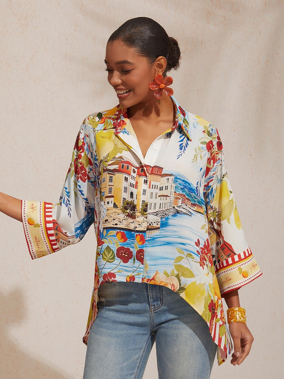 Sommerbluse aus fließendem Chiffon mit malerischem Blumenmuster im Santorini-Stil 2026 - $67.99 –P5